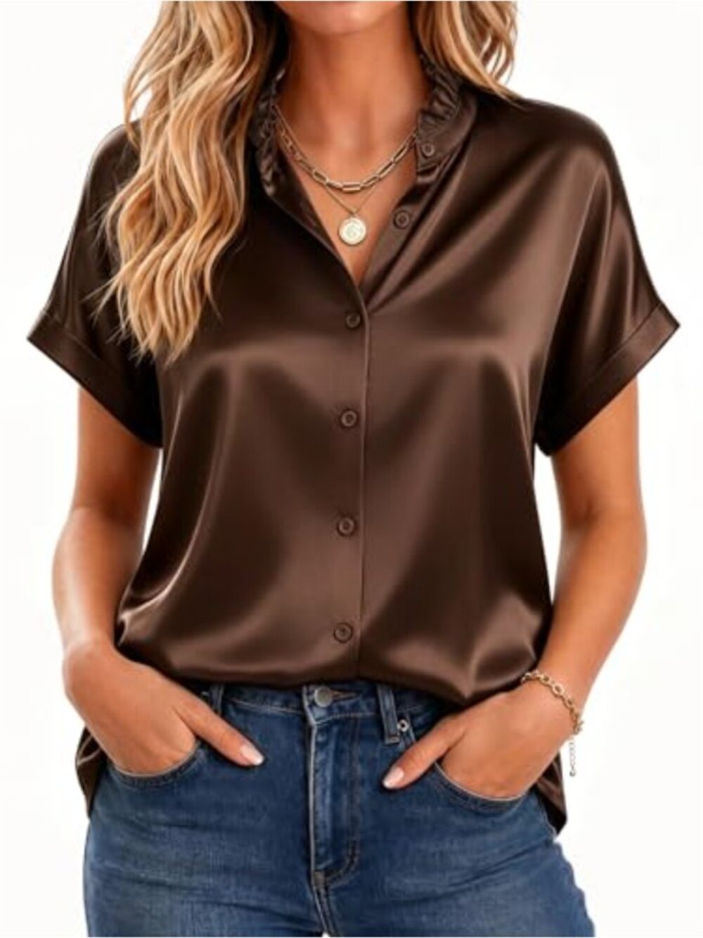 Silk Satin Button Down Shirt Ruffle Collar Short Sleeve Business Casual Blouse